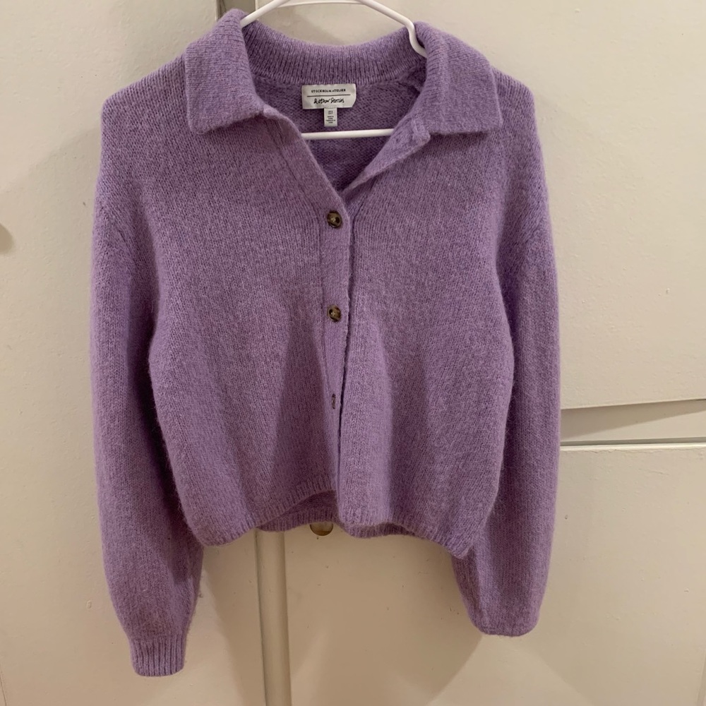 Lavender Collared Button-Front Knit Sweater